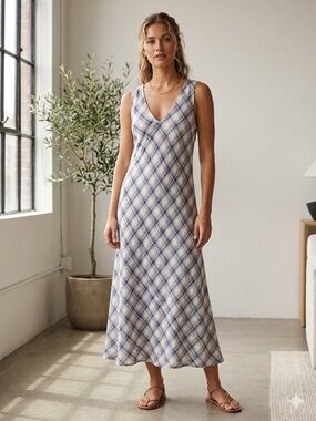 CP Shades Linen 100% V Neck Maxi Plaid Dress Resortwear Beachy Coastal, size XS